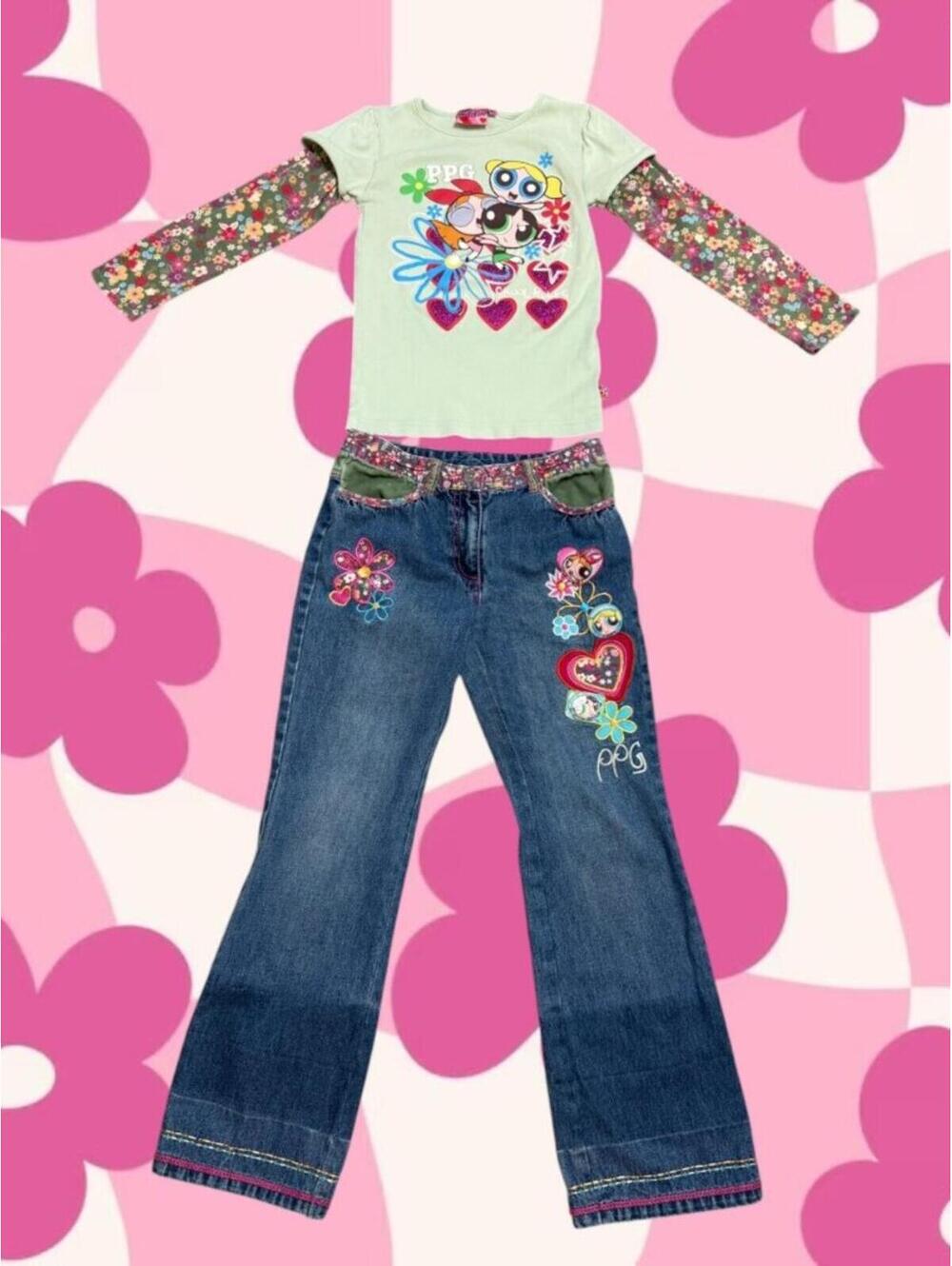 Vintage 2006 Powerpuff Girls Matching Set Girls 10 Jeans 8 Top Y2K Rare Grail